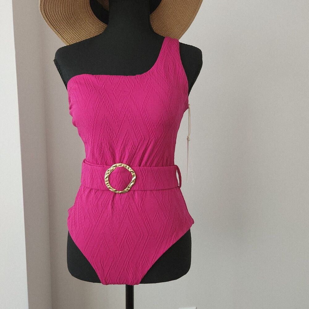 NWT Cosita Linda One Shoulder One Piece Swimsuit Belted Magenta Handmade XL - Picture 9 of 10